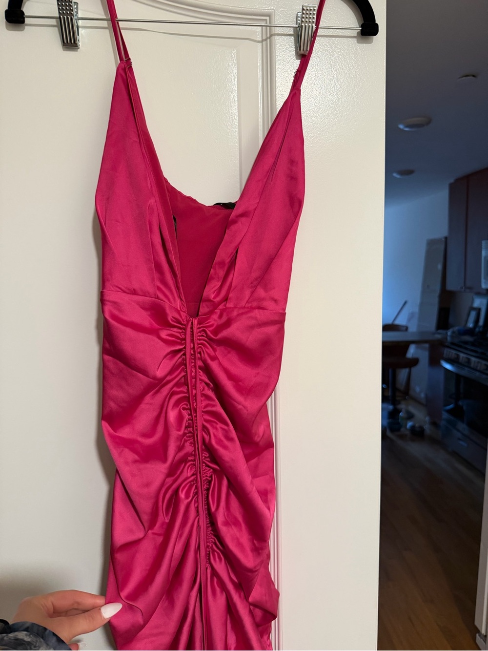 NBD Hot Pink Satin Ruched Midi Dress